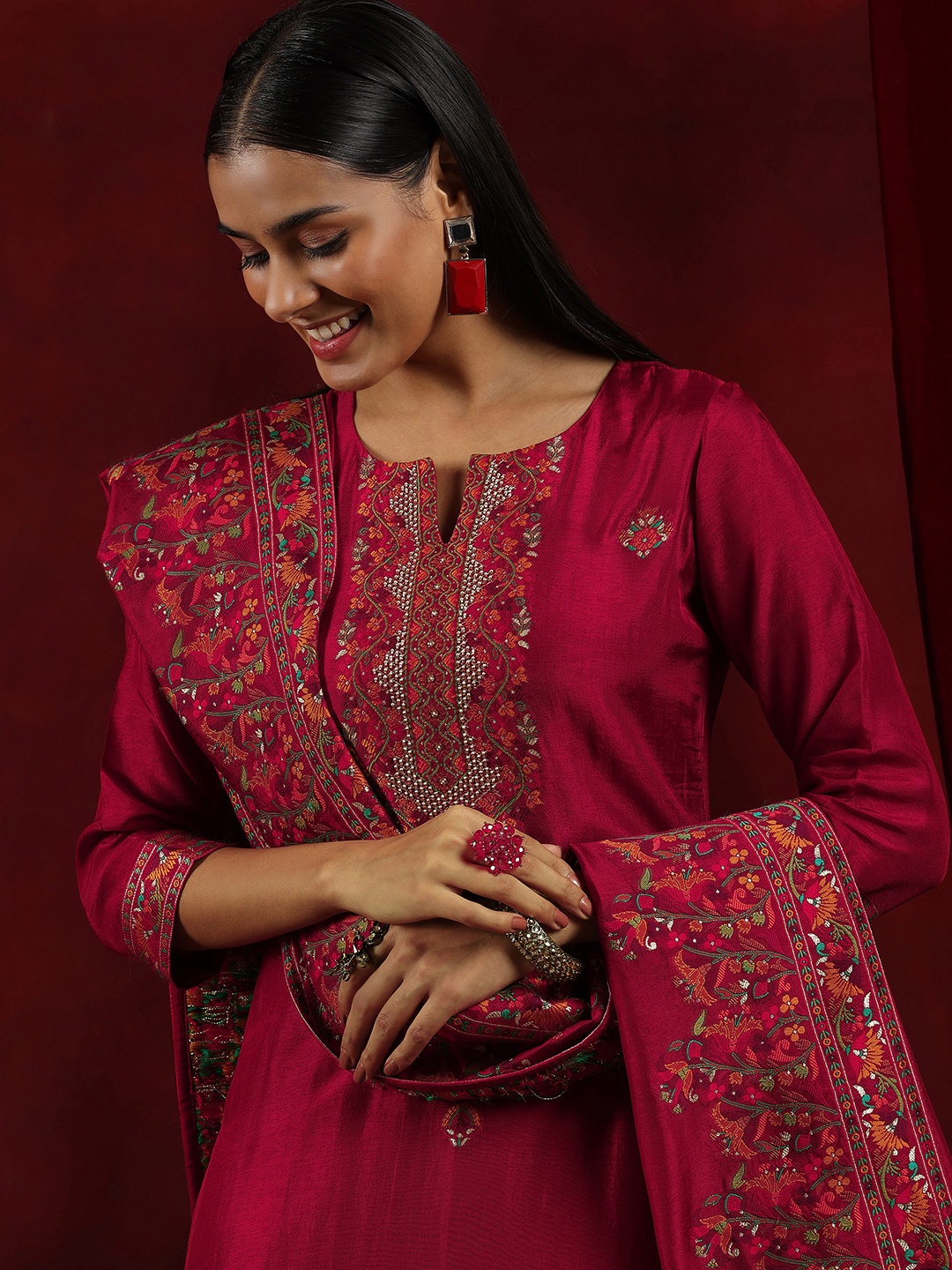 Libas Art Floral Woven Design Beads and Stones Straight Kurta With Trouser & Dupatta, Red
Libas Art Floral Woven Design Beads and Stones Straight Kurta With Trouser & Dupatta, Red