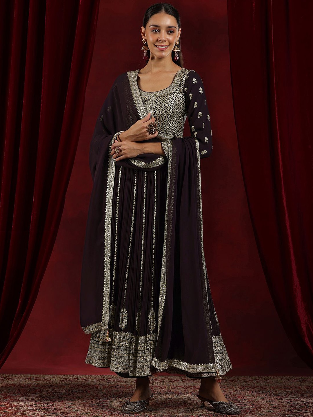 Libas Art Ethnic Motifs Embroidered Sequined Anarkali Kurta With Trousers & Dupatta, Burgundy
Libas Art Ethnic Motifs Embroidered Sequined Anarkali Kurta With Trousers & Dupatta, Burgundy