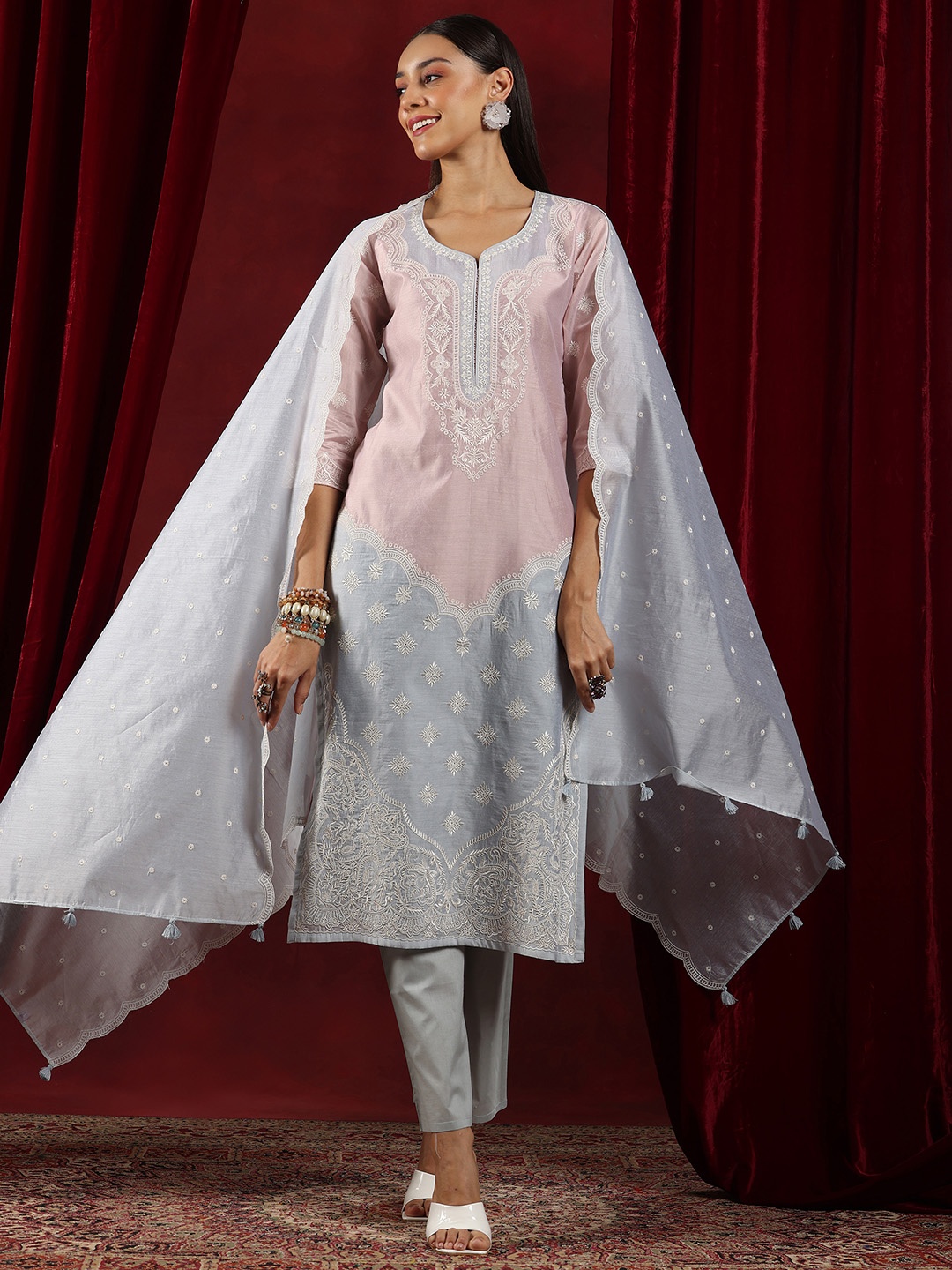 Libas Art Floral Embroidered Thread Work Chanderi Silk Kurta With Trouser & Dupatta, Grey
Libas Art Floral Embroidered Thread Work Chanderi Silk Kurta With Trouser & Dupatta, Grey