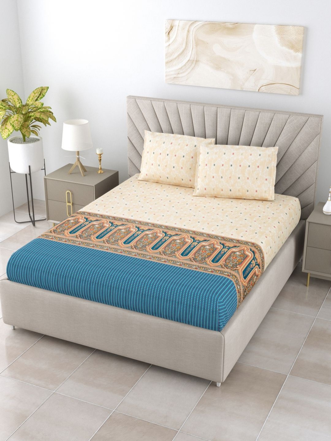 BOMBAY DYEING Thyme Beige Floral Printed Cotton 210 TC King Bedsheet Set 2.74 x 2.74 m
BOMBAY DYEING Thyme Beige Floral Printed Cotton 210 TC King Bedsheet Set 2.74 x 2.74 m