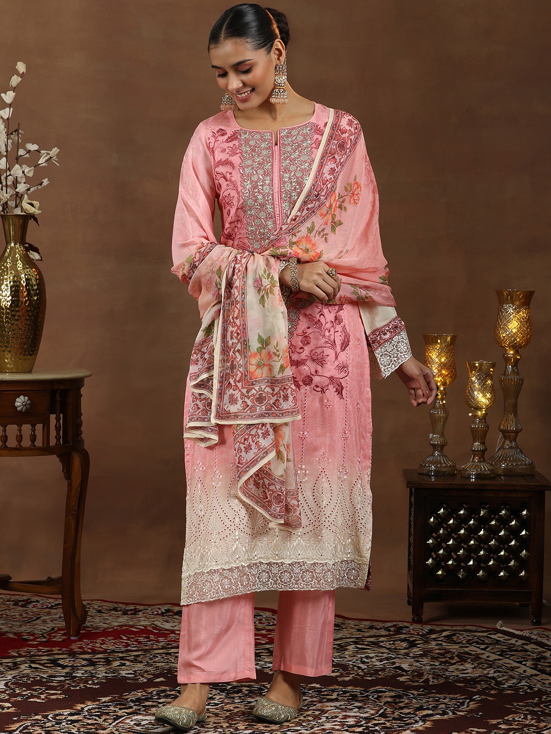 Libas Floral Embroidered Zari Schiffli Straight Kurta with Trousers & Dupatta, Pink
Libas Floral Embroidered Zari Schiffli Straight Kurta with Trousers & Dupatta, Pink