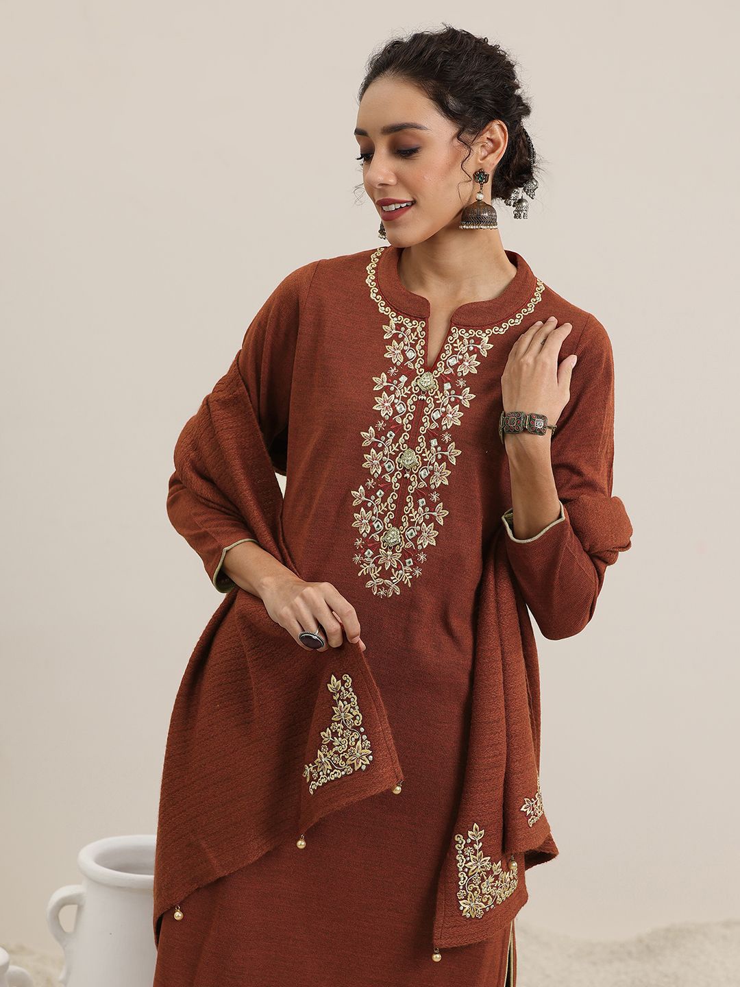 Libas Floral Yoke Design Mandarin Collar Mirror Work Kurta with Trousers & Dupatta, Rust
Libas Floral Yoke Design Mandarin Collar Mirror Work Kurta with Trousers & Dupatta, Rust