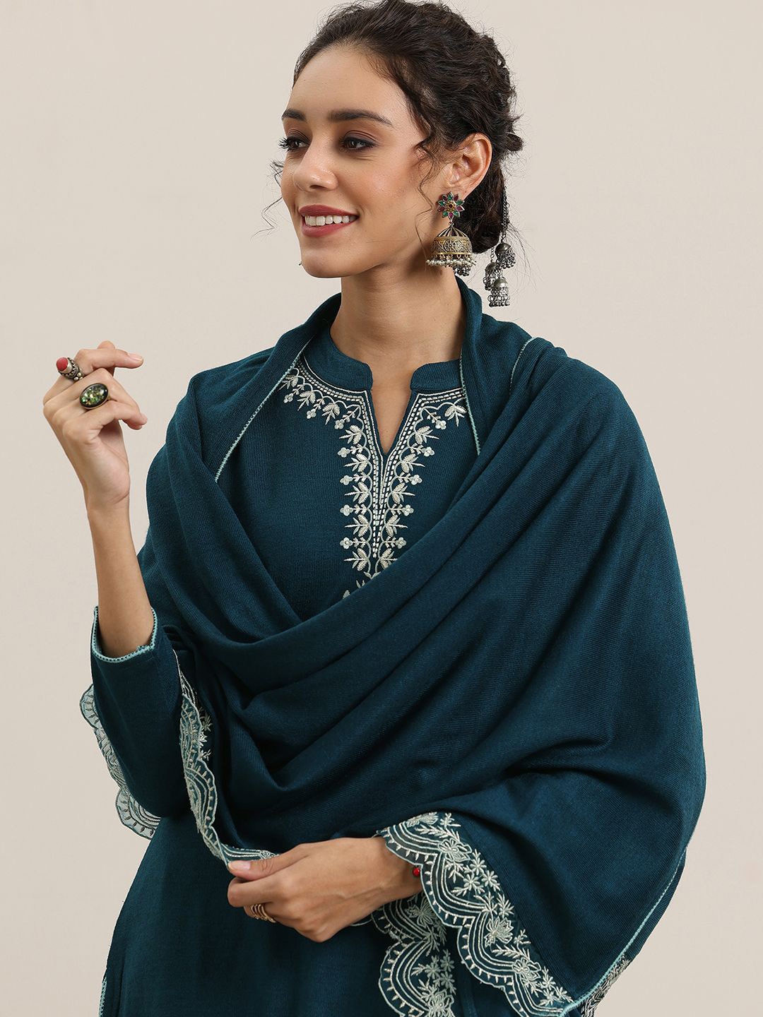 Libas Ethnic Motifs Yoke Design Mandarin Collar Mirror Work Kurta With Trousers & Dupatta, Teal
Libas Ethnic Motifs Yoke Design Mandarin Collar Mirror Work Kurta With Trousers & Dupatta, Teal