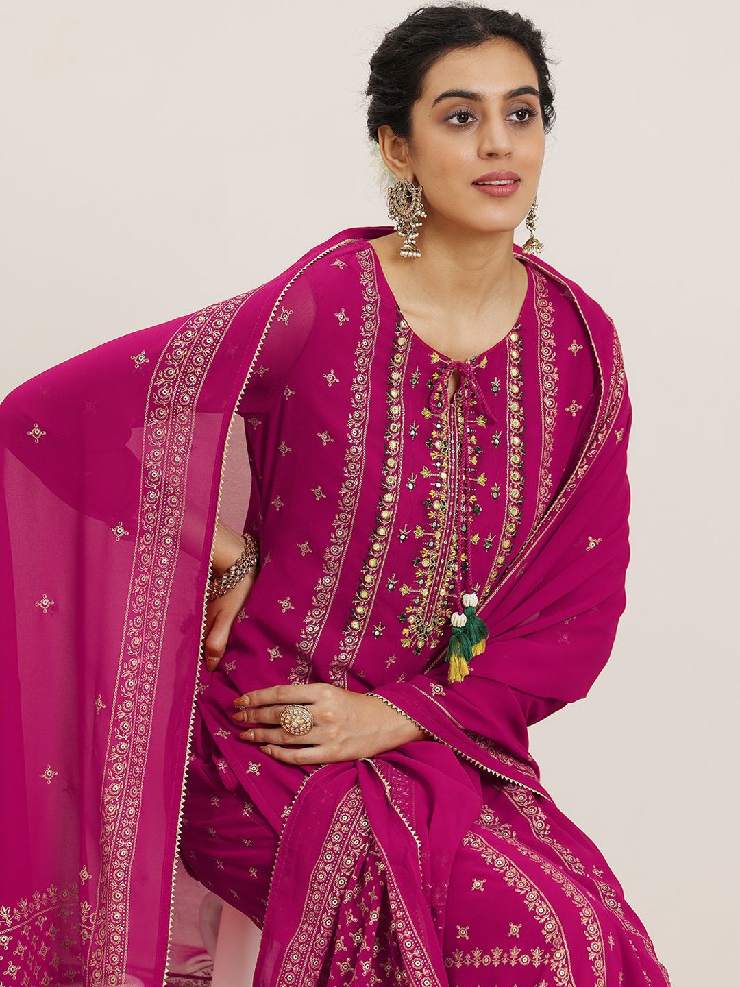 Libas Pink Floral Embroidered Tie Up Neck Georgette Straight Kurta with Palazzo & Dupatta
Libas Pink Floral Embroidered Tie Up Neck Georgette Straight Kurta with Palazzo & Dupatta