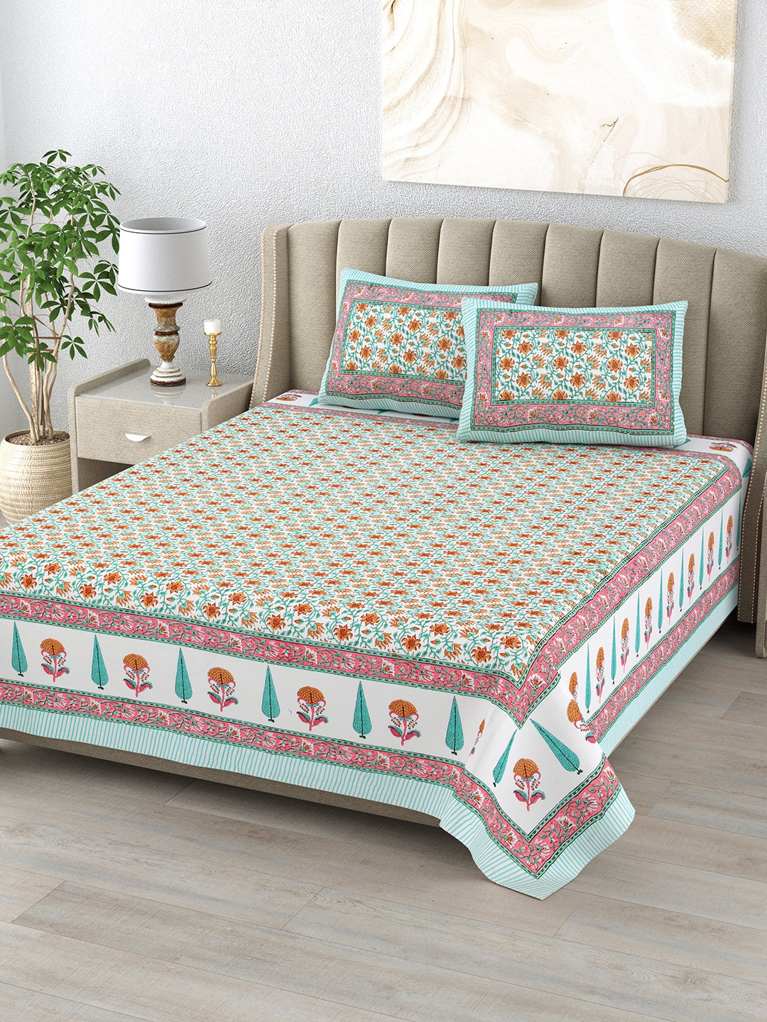 DE CAMA Olive Green & Red Floral Pure Cotton 210 TC King Bedsheet Set 2.28 x 2.74 Mts
DE CAMA Olive Green & Red Floral Pure Cotton 210 TC King Bedsheet Set 2.28 x 2.74 Mts