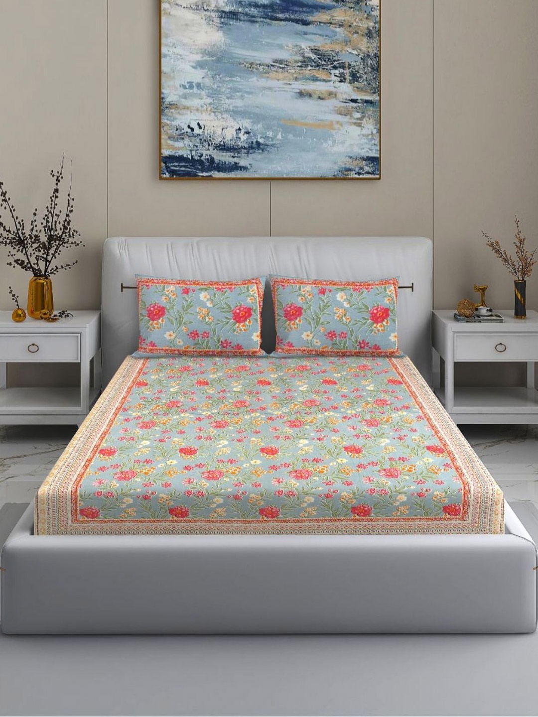 MODEFE Grey & Pink Floral 144 TC Cotton King Bedsheet With 2 Pillow Covers - 2.2 M x 2.7 M
MODEFE Grey & Pink Floral 144 TC Cotton King Bedsheet With 2 Pillow Covers - 2.2 M x 2.7 M