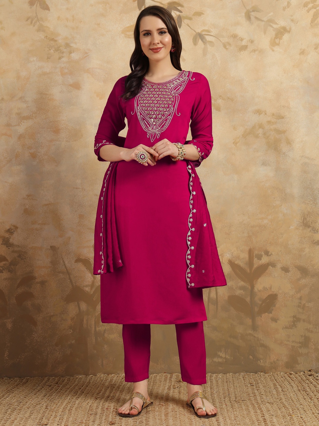 KALINI Yoke Design Sequinned Chanderi Silk Straight Kurta with Trousers & With Dupatta, Pink
KALINI Yoke Design Sequinned Chanderi Silk Straight Kurta with Trousers & With Dupatta, Pink