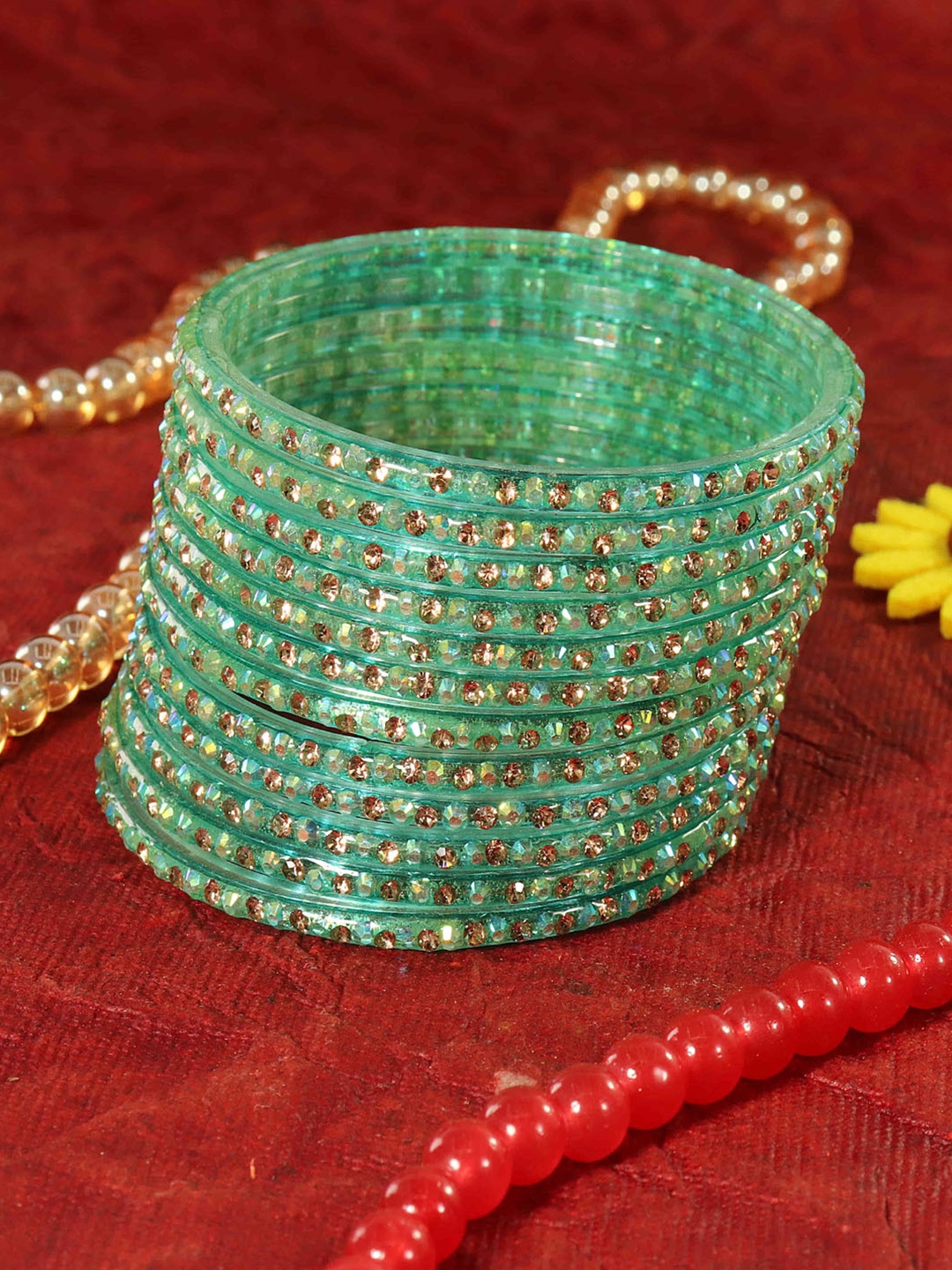 LAVAZZA Set Of 12 Zircon Diamond Stone & Beads Studded Glass Bangles, Fluorescent green
LAVAZZA Set Of 12 Zircon Diamond Stone & Beads Studded Glass Bangles, Fluorescent green