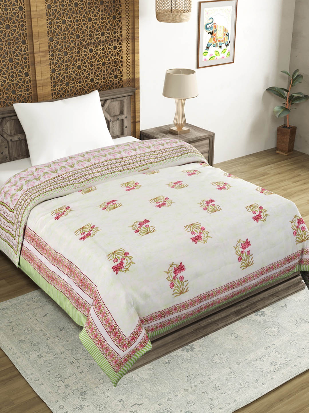 BLOCKS OF INDIA Green & White Ethnic Motifs Mild Winter Cotton 350 GSM Single Bed Quilt
BLOCKS OF INDIA Green & White Ethnic Motifs Mild Winter Cotton 350 GSM Single Bed Quilt