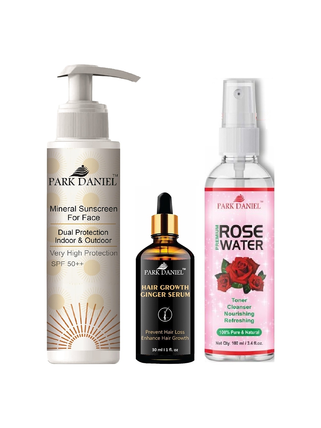 Park Daniel 3Pcs SPF 50++ Sunscreen 100ml with Hair Growth Serum 30ml & Rose Water 100ml, Multi
Park Daniel 3Pcs SPF 50++ Sunscreen 100ml with Hair Growth Serum 30ml & Rose Water 100ml, Multi
