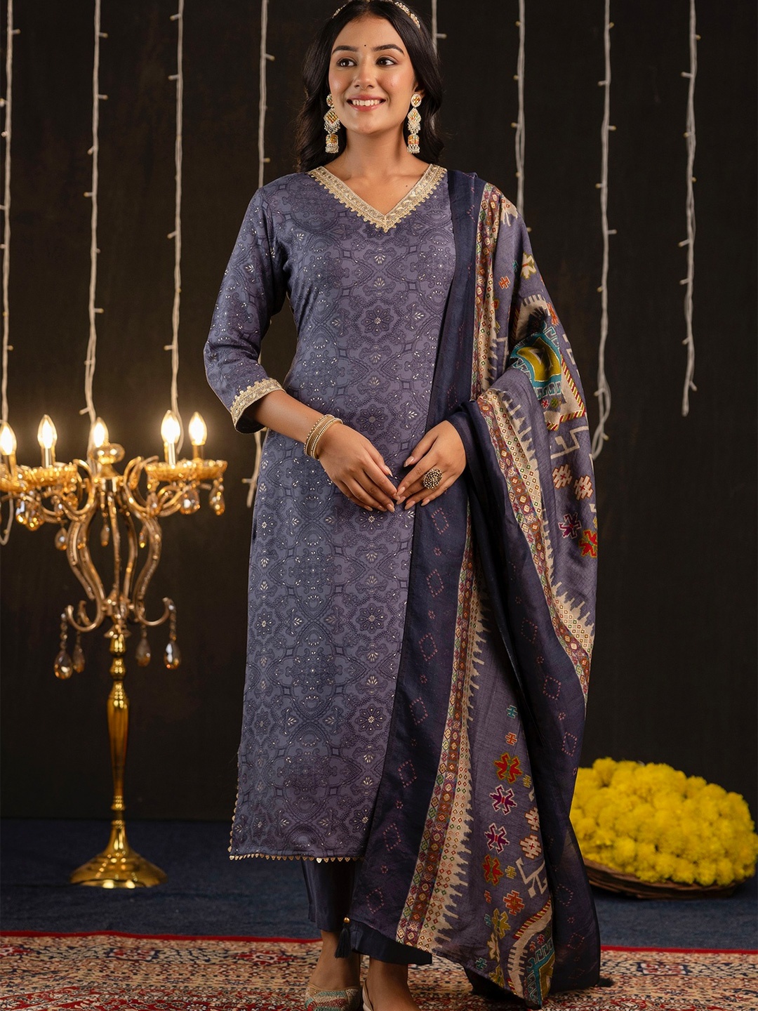 Kohsh Ethnic Motifs Printed Beads and Stones Pure Silk Kurta with Trouser & Dupatta, Blue
Kohsh Ethnic Motifs Printed Beads and Stones Pure Silk Kurta with Trouser & Dupatta, Blue