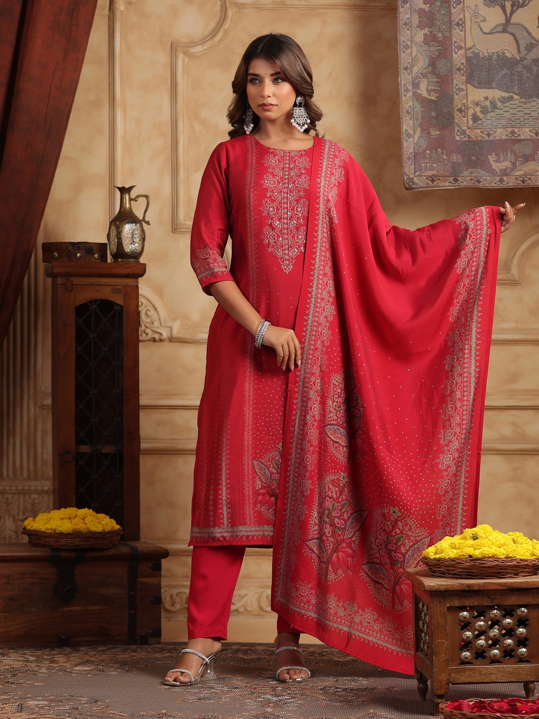 Rain & Rainbow Ethnic Motifs Printed Round Neck Straight Kurta With Trousers & Dupatta, Red
Rain & Rainbow Ethnic Motifs Printed Round Neck Straight Kurta With Trousers & Dupatta, Red