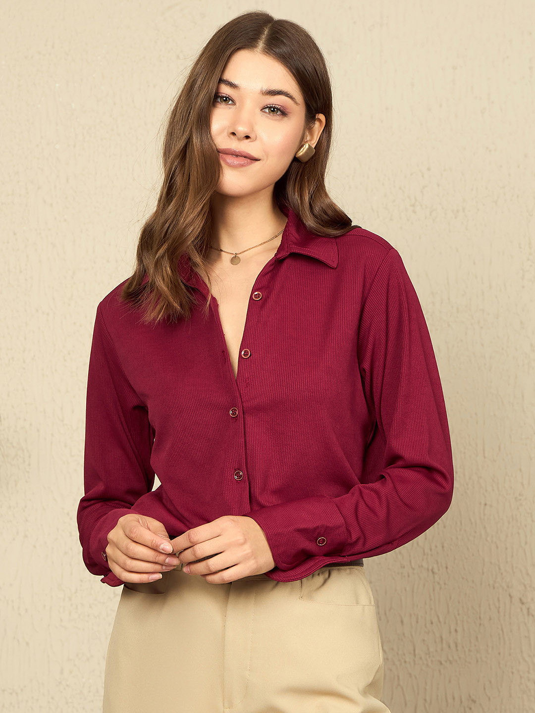 The Roadster Lifestyle Co. Women Spread Collar Solid Cotton Casual Shirt, Maroon 
The Roadster Lifestyle Co. Women Spread Collar Solid Cotton Casual Shirt, Maroon
