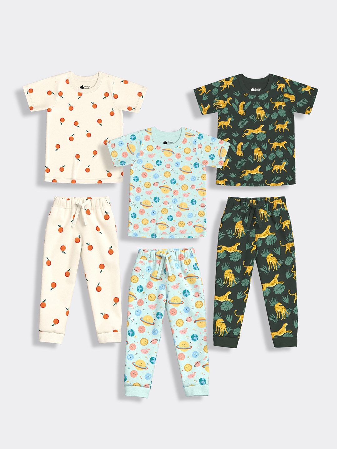 Orange Sugar Unisex Kids Pack of 3 Printed Pure Cotton T-shirt with Pyjamas, Turquoise blue
Orange Sugar Unisex Kids Pack of 3 Printed Pure Cotton T-shirt with Pyjamas, Turquoise blue