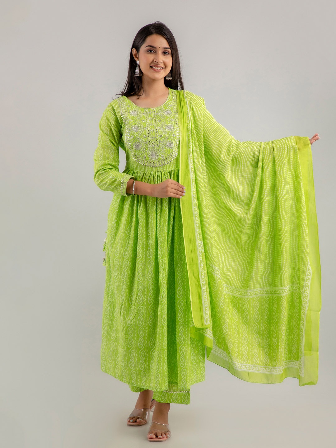 Jasoriya Bandhani Printed Round Neck Pure Cotton A-Line Kurta With Trousers & Dupatta, Green
Jasoriya Bandhani Printed Round Neck Pure Cotton A-Line Kurta With Trousers & Dupatta, Green