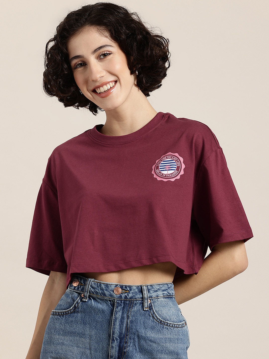 HERE&NOW Varsity Wander Printed Drop-Shoulder Crop Pure Cotton T-shirt, Burgundy
HERE&NOW Varsity Wander Printed Drop-Shoulder Crop Pure Cotton T-shirt, Burgundy