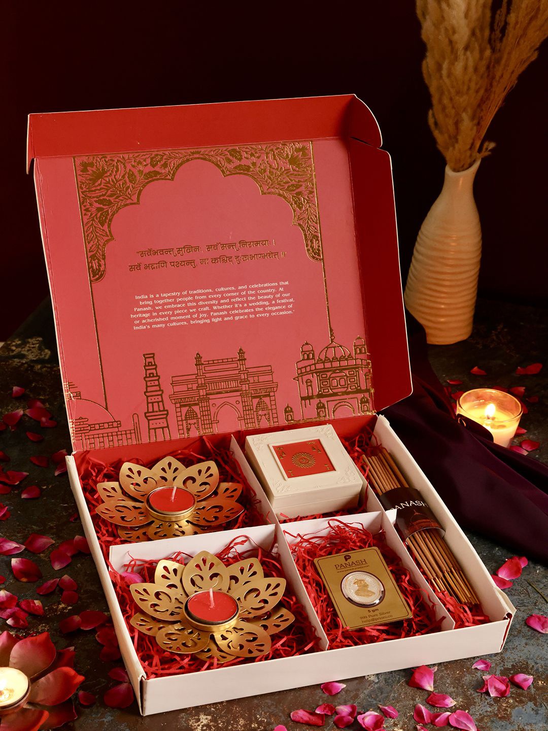 PANASH Gift Hamper with Fine 999 Silver Coin Diyas Incense Sticks and Charan Paduka, Gold
PANASH Gift Hamper with Fine 999 Silver Coin Diyas Incense Sticks and Charan Paduka, Gold