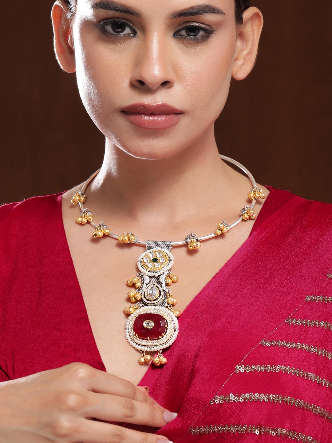 Rubans Oxidized Silver & Gold-Plated Ruby Red & Cubic Zirconia Necklace with Golden Beads
Rubans Oxidized Silver & Gold-Plated Ruby Red & Cubic Zirconia Necklace with Golden Beads