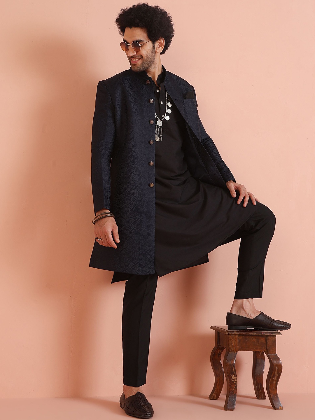 KISAH Self Design Mandarin Collar Silk Georgette Indowestern Sherwani Set, Navy blue
KISAH Self Design Mandarin Collar Silk Georgette Indowestern Sherwani Set, Navy blue