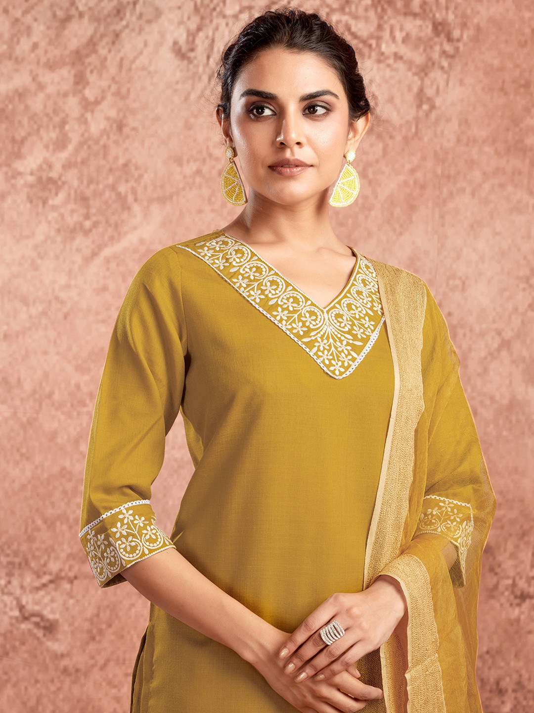KALINI Ethnic Motifs Embroidered V-Neck Straight Kurta With Trousers & Dupatta, Mustard
KALINI Ethnic Motifs Embroidered V-Neck Straight Kurta With Trousers & Dupatta, Mustard