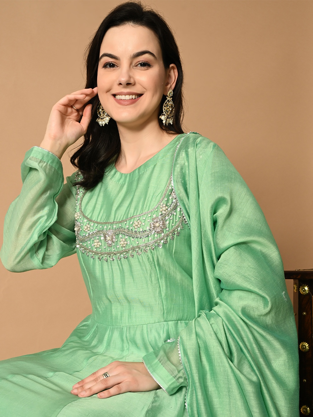 NIRMOK Floral Yoke Design Beads and Stones Chanderi Silk Kurta With Trousers & Dupatta, Green
NIRMOK Floral Yoke Design Beads and Stones Chanderi Silk Kurta With Trousers & Dupatta, Green