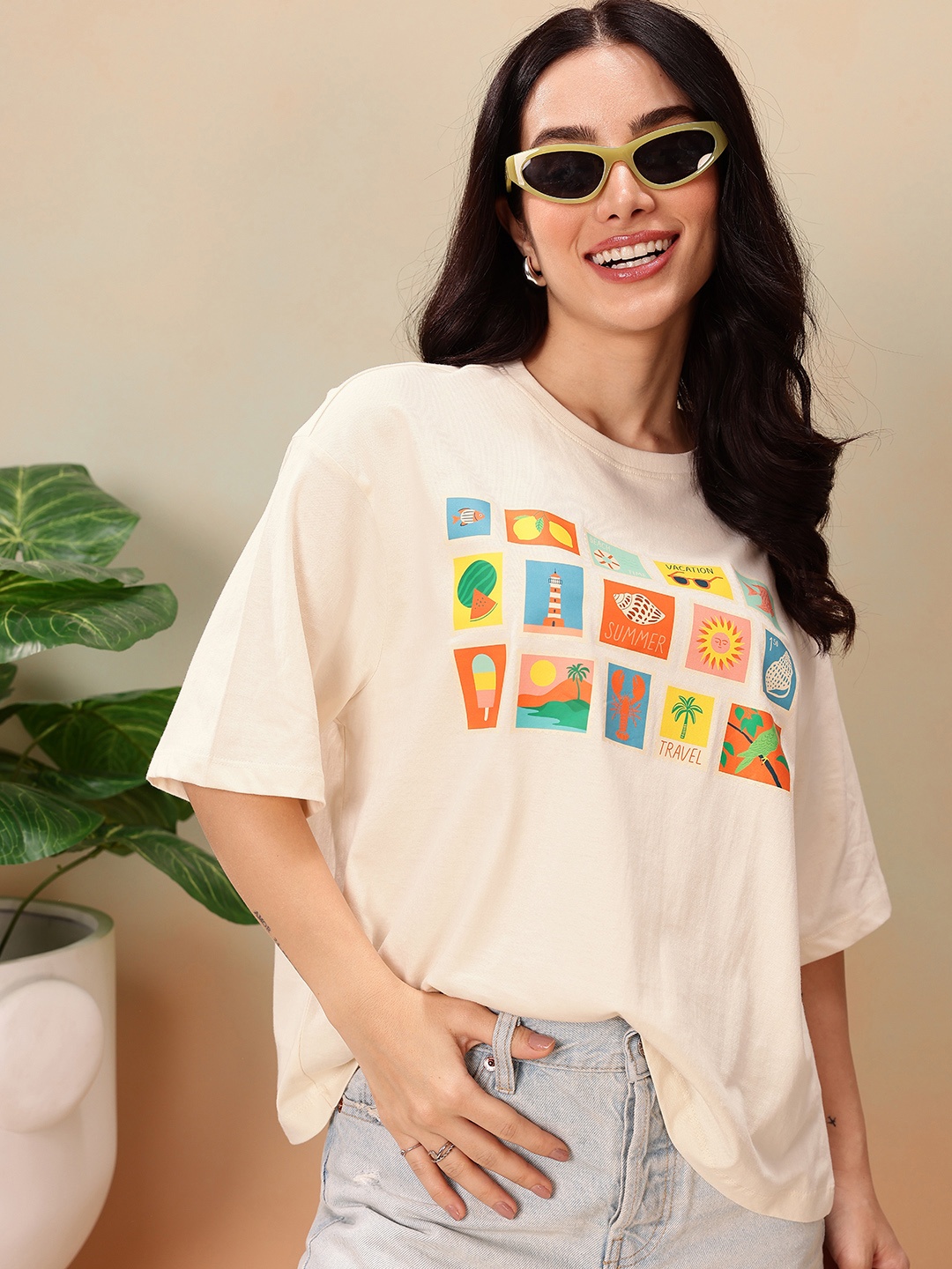 Mast & Harbour Graphic Printed Drop-Shoulder Sleeves Pure Cotton Relaxed Fit T-shirt, Cream
Mast & Harbour Graphic Printed Drop-Shoulder Sleeves Pure Cotton Relaxed Fit T-shirt, Cream