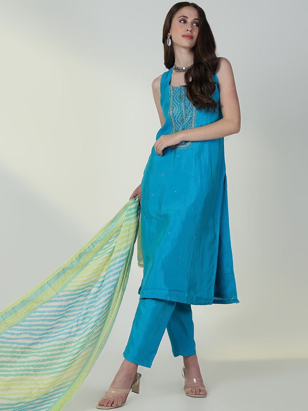 SHOWOFF Floral Yoke Design Mirror Work Sleeveless Straight Kurta with Trouser & Dupatta, Blue
SHOWOFF Floral Yoke Design Mirror Work Sleeveless Straight Kurta with Trouser & Dupatta, Blue