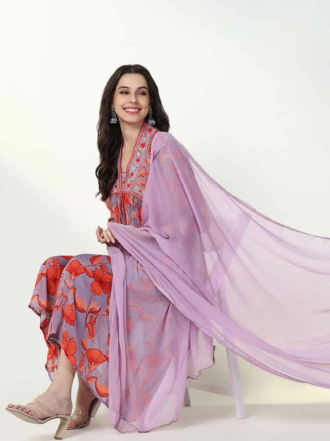 SHOWOFF Women Floral Printed Empire Mirror Work Silk Georgette Kurta with Trousers & With Dupatta, Lavender
SHOWOFF Women Floral Printed Empire Mirror Work Silk Georgette Kurta with Trousers & With Dupatta, Lavender