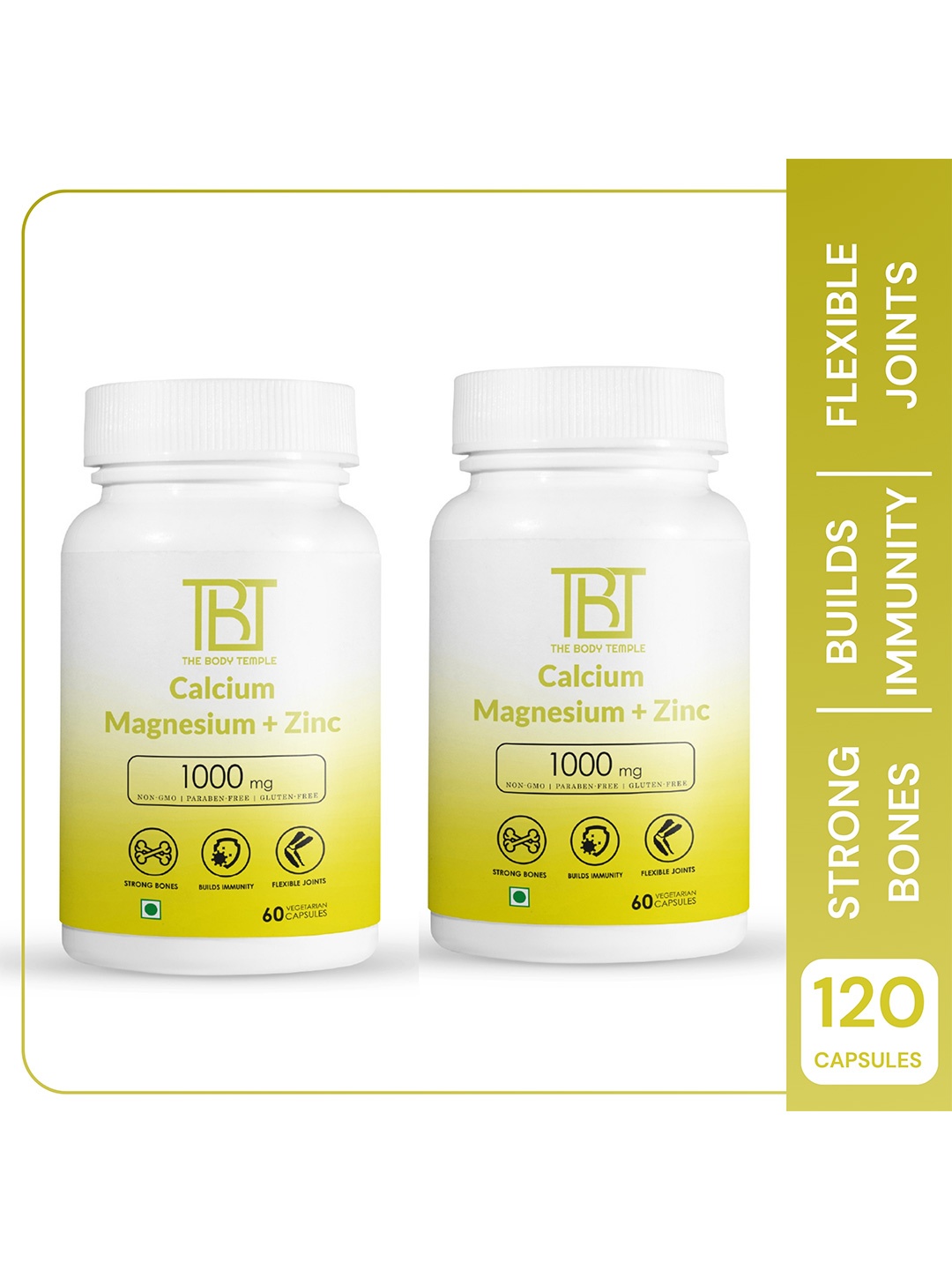 The Body Temple Set of 2 Calcium Magnesium Zinc (1000mg) Capsules - 60 Nos Each, White
The Body Temple Set of 2 Calcium Magnesium Zinc (1000mg) Capsules - 60 Nos Each, White