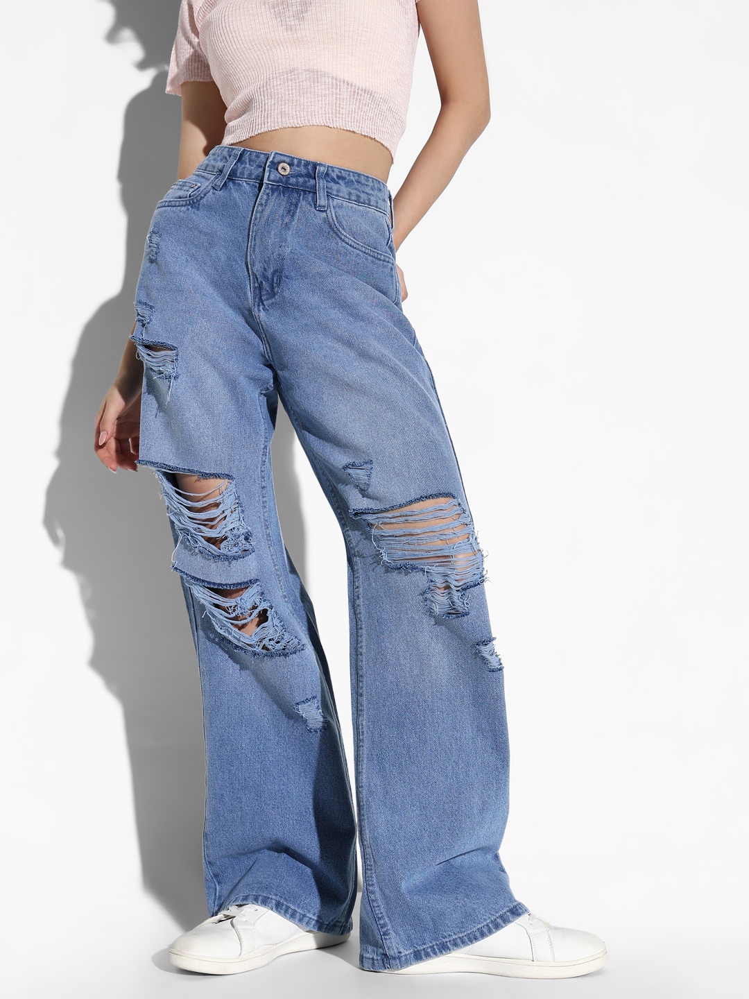 SHOWOFF Women Comfort Wide Leg Highly Distressed Light Fade Acid Wash Jeans, Blue
SHOWOFF Women Comfort Wide Leg Highly Distressed Light Fade Acid Wash Jeans, Blue