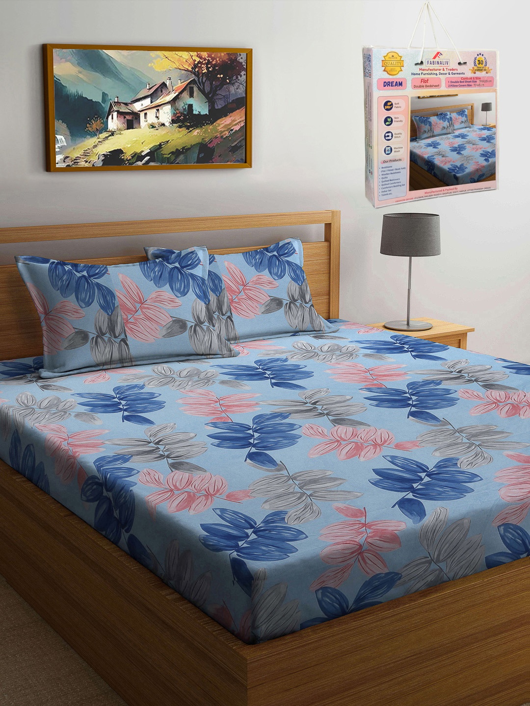 FABINALIV Blue & Pink Floral Printed 300 TC King Bedsheet Set 2.50 m X 2.25 m
FABINALIV Blue & Pink Floral Printed 300 TC King Bedsheet Set 2.50 m X 2.25 m