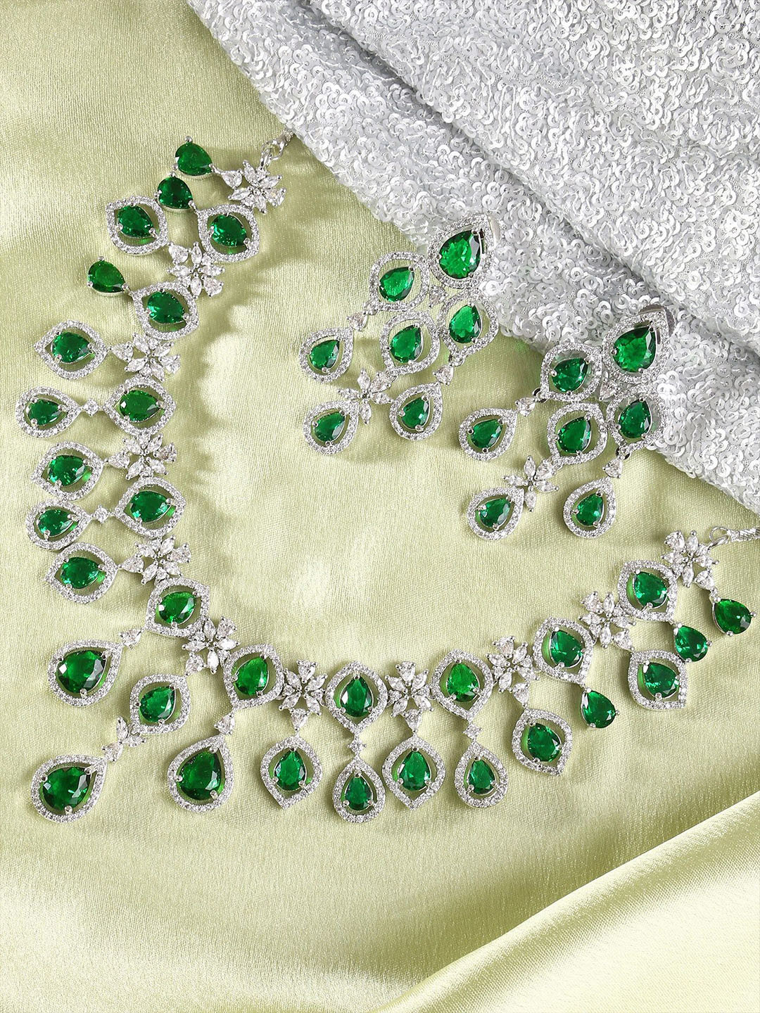 Adwitiya Collection Rhodium Plated Emerald & CZ Studded Necklace and Earrings, Silver
Adwitiya Collection Rhodium Plated Emerald & CZ Studded Necklace and Earrings, Silver