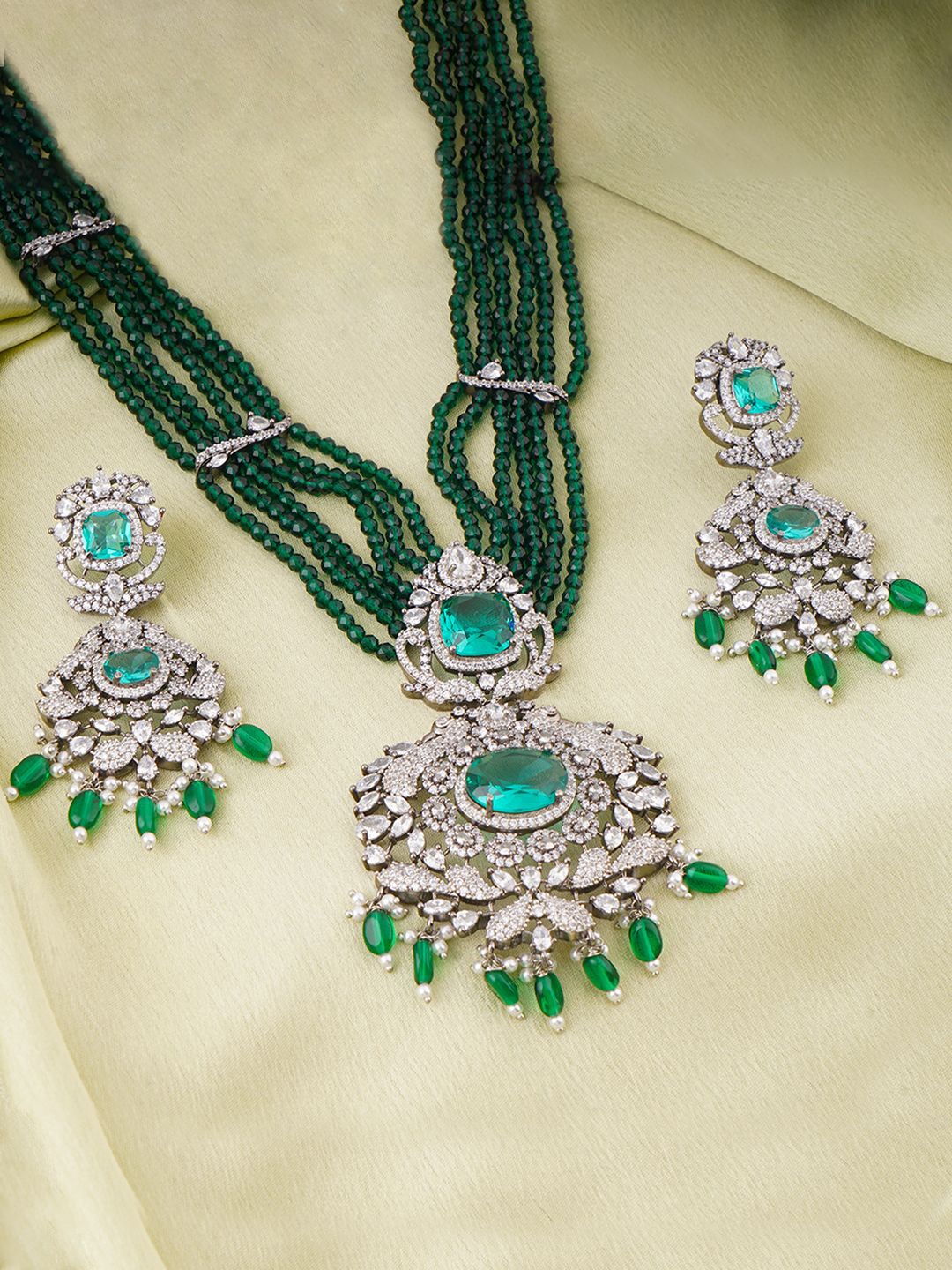 Adwitiya Collection Rhodium Plated CZ Stone Studded & Beaded Necklace and Earrings, Silver
Adwitiya Collection Rhodium Plated CZ Stone Studded & Beaded Necklace and Earrings, Silver