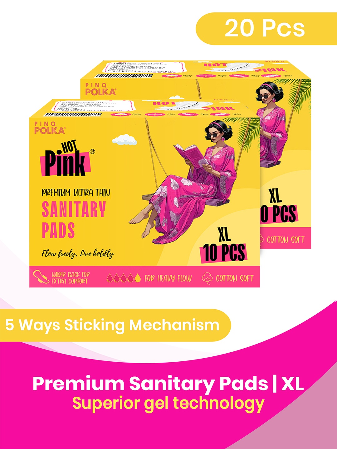 PINQ POLKA Pack of 20 Ultra-Thin Rash free Cotton Feel Sanitary Pads Size XL (280MM), Yellow
PINQ POLKA Pack of 20 Ultra-Thin Rash free Cotton Feel Sanitary Pads Size XL (280MM), Yellow