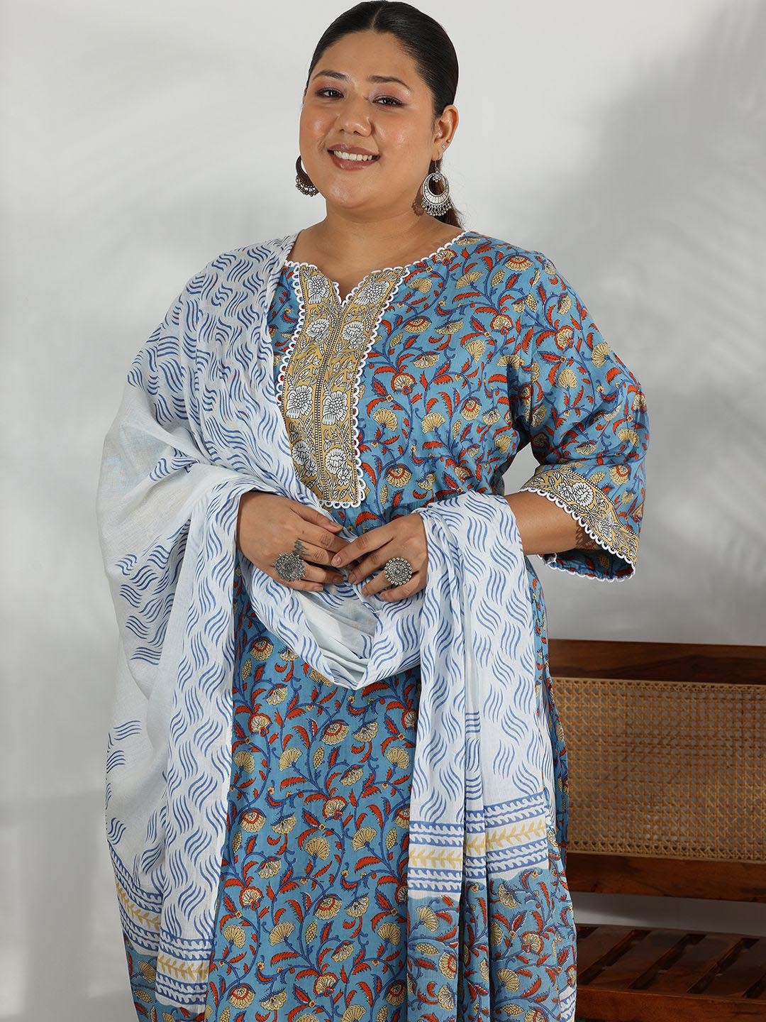EXTRA LOVE BY LIBAS Plus Size Floral Pure Cotton Kurta with Palazzos & With Dupatta, Blue
EXTRA LOVE BY LIBAS Plus Size Floral Pure Cotton Kurta with Palazzos & With Dupatta, Blue