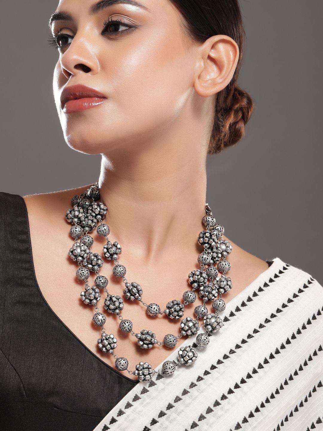 Rubans Oxidised Silver-Plated Triple-Layered Floral Bead Statement Necklace for Women
Rubans Oxidised Silver-Plated Triple-Layered Floral Bead Statement Necklace for Women