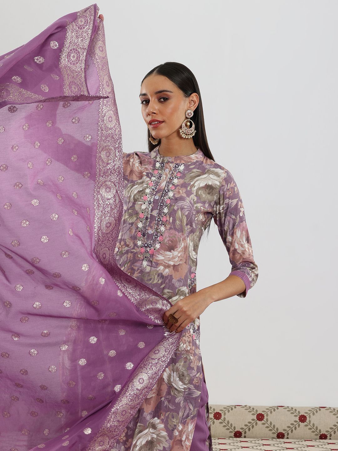 Libas Floral Printed Thread Work Mandarin Collar Straight Kurta With Salwar & Dupatta, Lavender
Libas Floral Printed Thread Work Mandarin Collar Straight Kurta With Salwar & Dupatta, Lavender