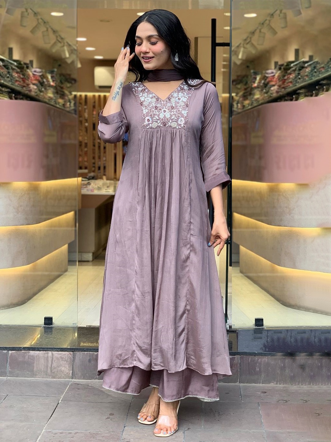 GoSriKi Floral Yoke Design Thread Work Anarkali Kurta With Palazzos & Dupatta, Lavender
GoSriKi Floral Yoke Design Thread Work Anarkali Kurta With Palazzos & Dupatta, Lavender