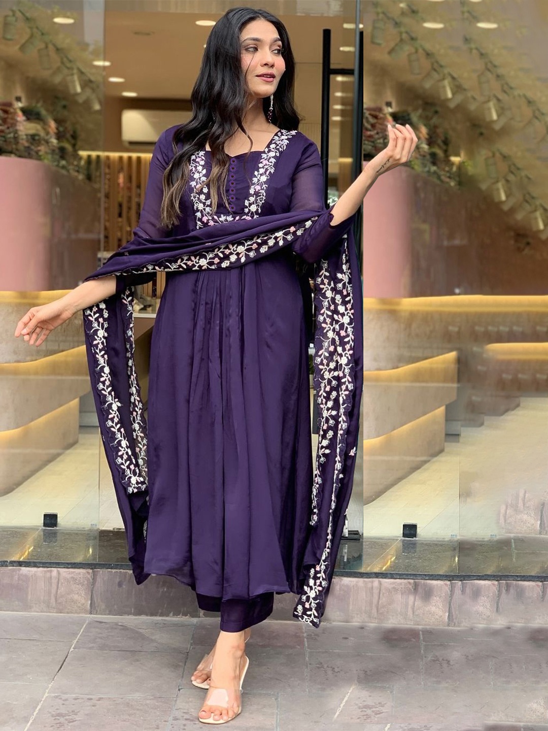 GoSriKi Floral Yoke Design Thread Work Anarkali Kurta With Palazzo & Dupatta, Purple
GoSriKi Floral Yoke Design Thread Work Anarkali Kurta With Palazzo & Dupatta, Purple
