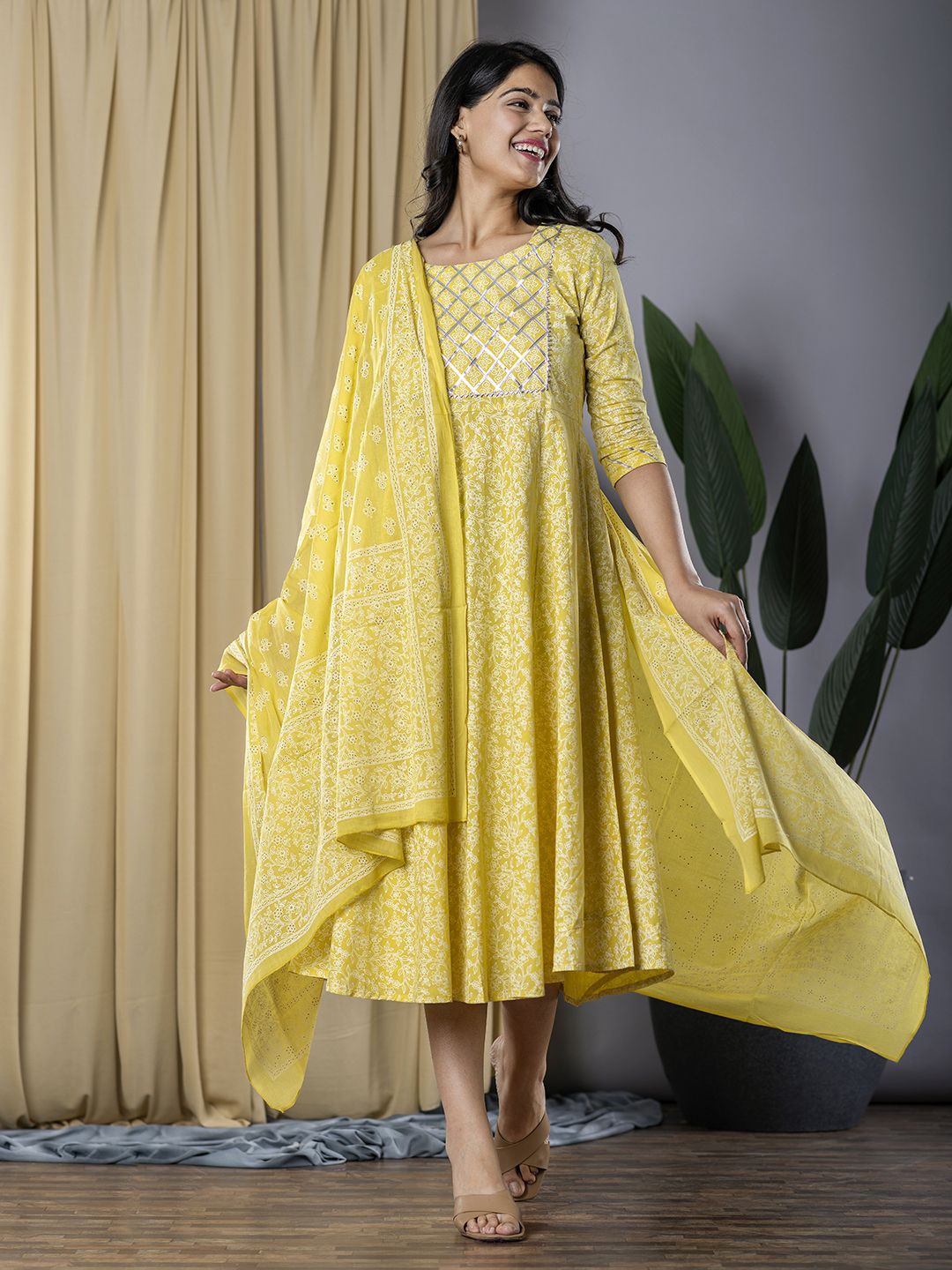 KALINI Women Ethnic Printed Pure Cotton Round Neck Fit and Flare Dress with Dupatta, Yellow
KALINI Women Ethnic Printed Pure Cotton Round Neck Fit and Flare Dress with Dupatta, Yellow