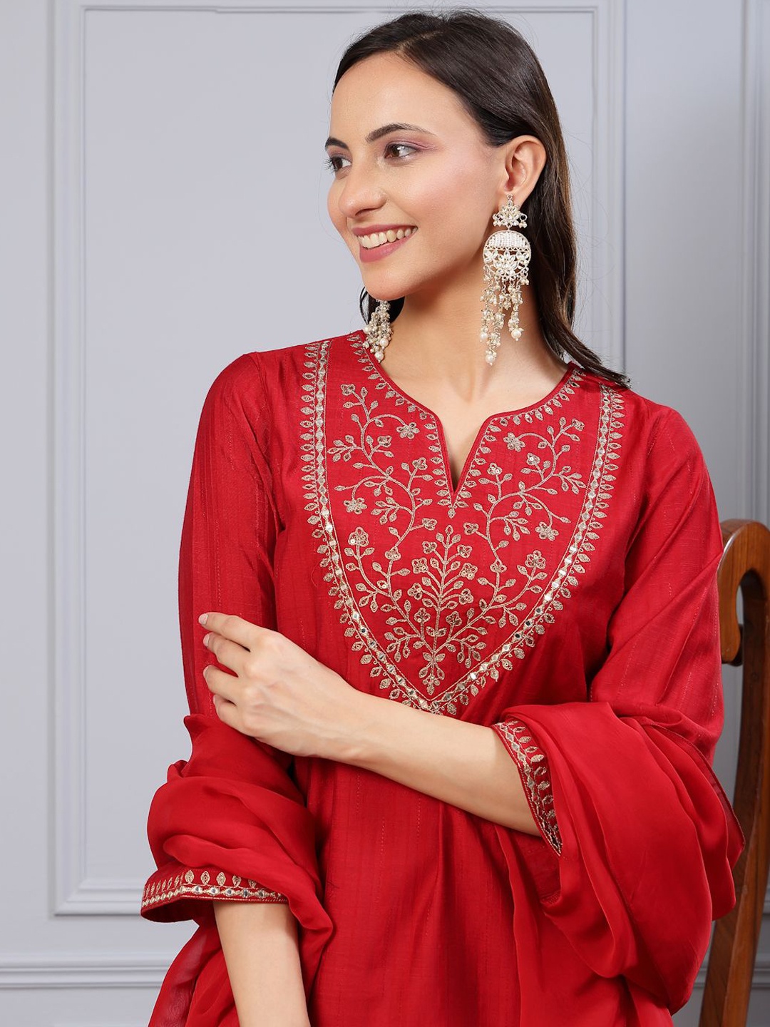 Nayam By Lakshita Ethnic Motifs Yoke Design Mirror Work Kurta with Trousers & Dupatta, Red
Nayam By Lakshita Ethnic Motifs Yoke Design Mirror Work Kurta with Trousers & Dupatta, Red