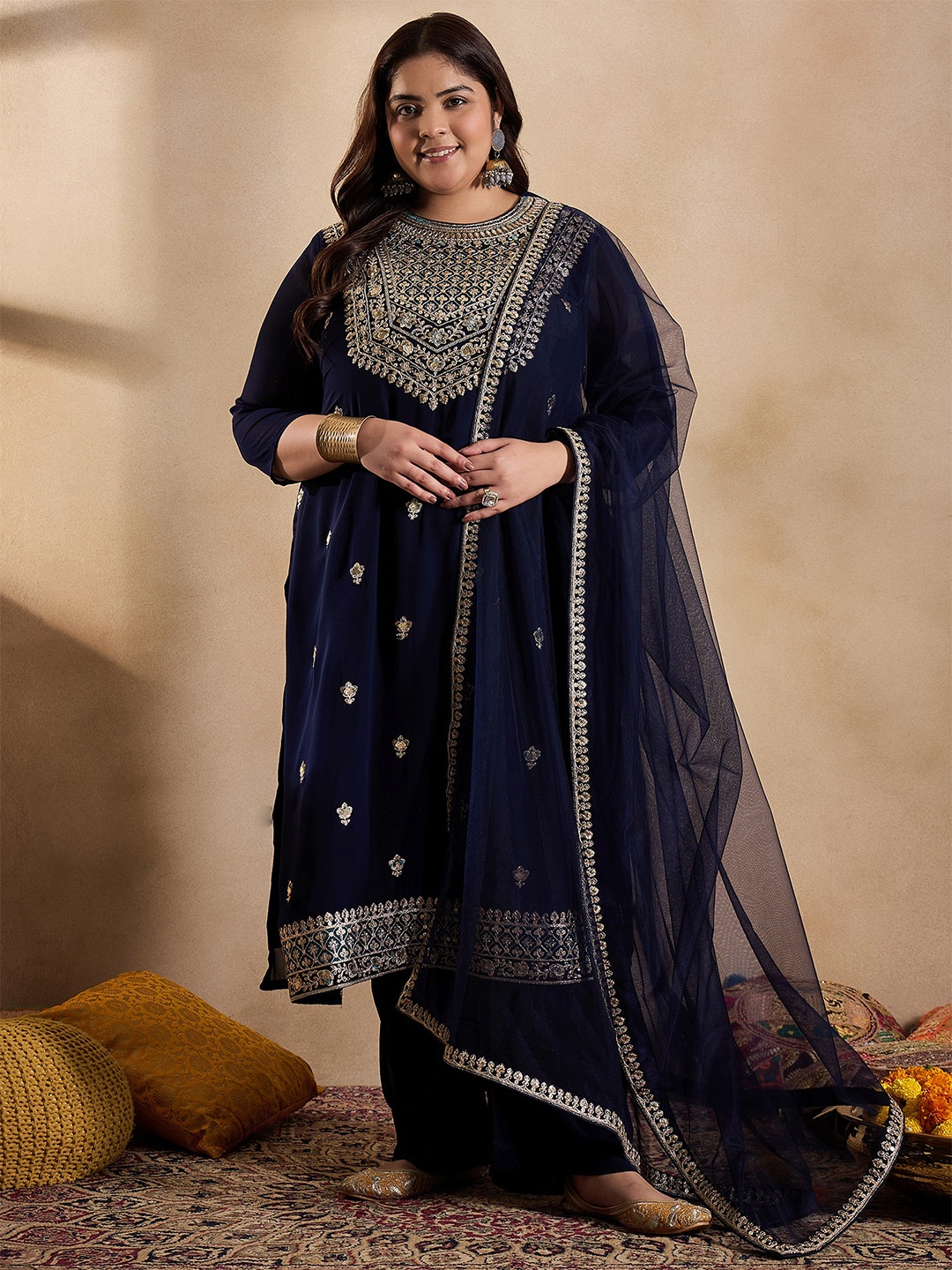 INDDUS PLUS Floral Embroidered Zari Georgette Kurta with Trousers & Dupatta, Purple
INDDUS PLUS Floral Embroidered Zari Georgette Kurta with Trousers & Dupatta, Purple