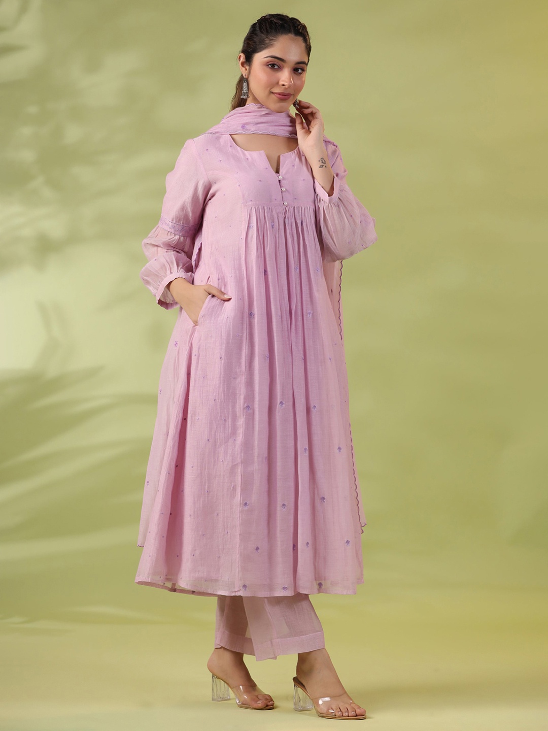 AMOREE Floral Embroidered Notch Neck Pure Silk Anarkali Kurta With Trousers & Dupatta, Purple
AMOREE Floral Embroidered Notch Neck Pure Silk Anarkali Kurta With Trousers & Dupatta, Purple