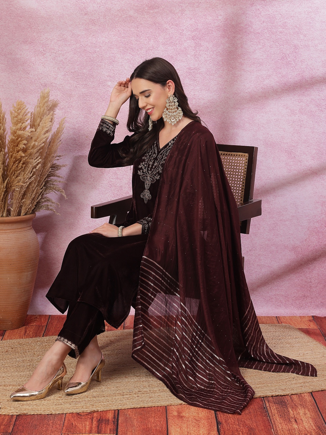 Nayam By Lakshita Floral Yoke Design Sequinned Velvet Kurta With Palazzo & Dupatta, Purple
Nayam By Lakshita Floral Yoke Design Sequinned Velvet Kurta With Palazzo & Dupatta, Purple