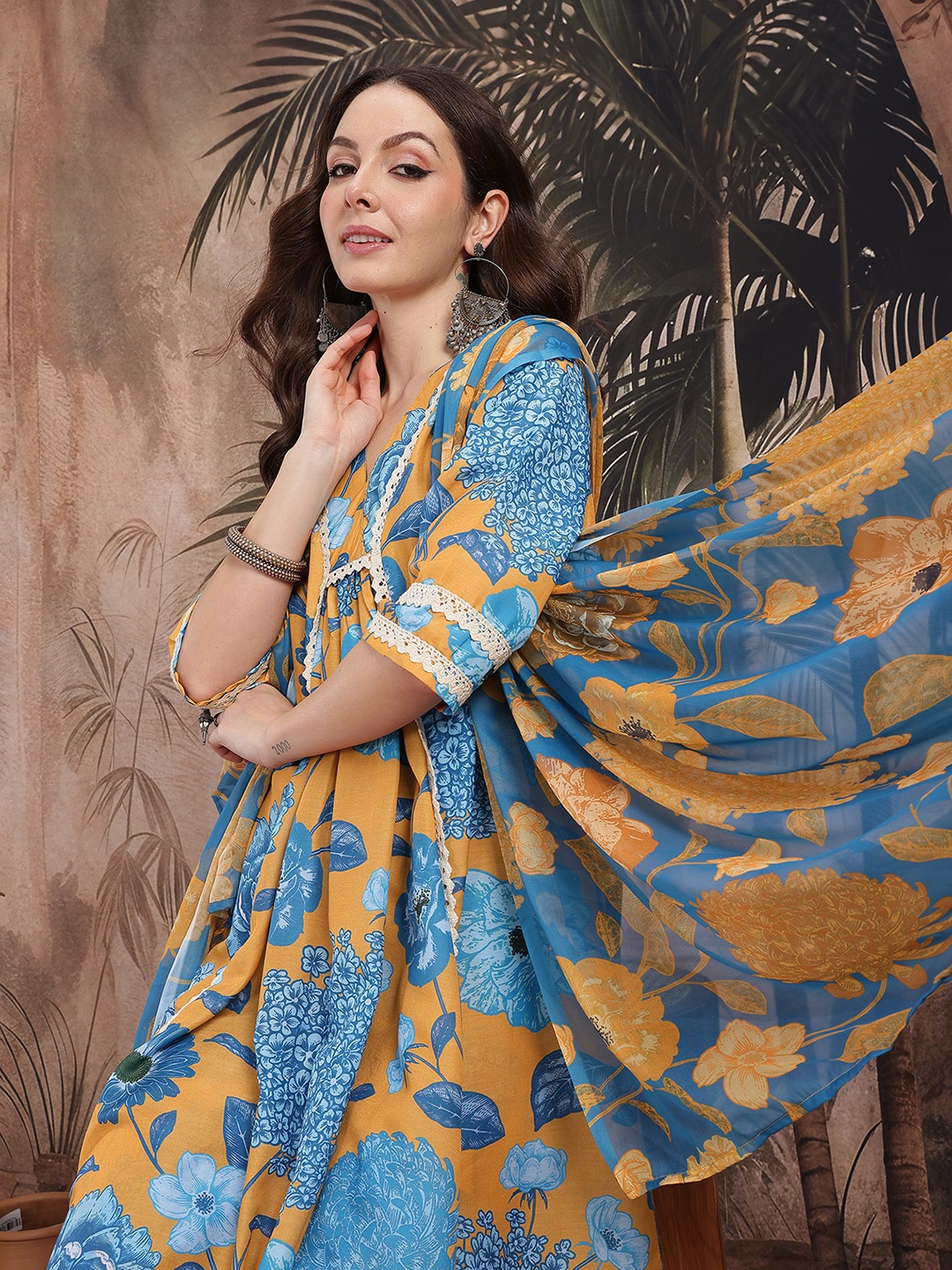 Sangria Floral Printed Pleated Lace Detail Kurta with Palazzos & Dupatta, Mustard
Sangria Floral Printed Pleated Lace Detail Kurta with Palazzos & Dupatta, Mustard