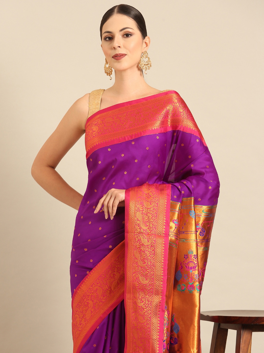 Varkala Silk Sarees Ethnic Motifs Zari Silk Blend Designer Paithani Saree, Purple
Varkala Silk Sarees Ethnic Motifs Zari Silk Blend Designer Paithani Saree, Purple