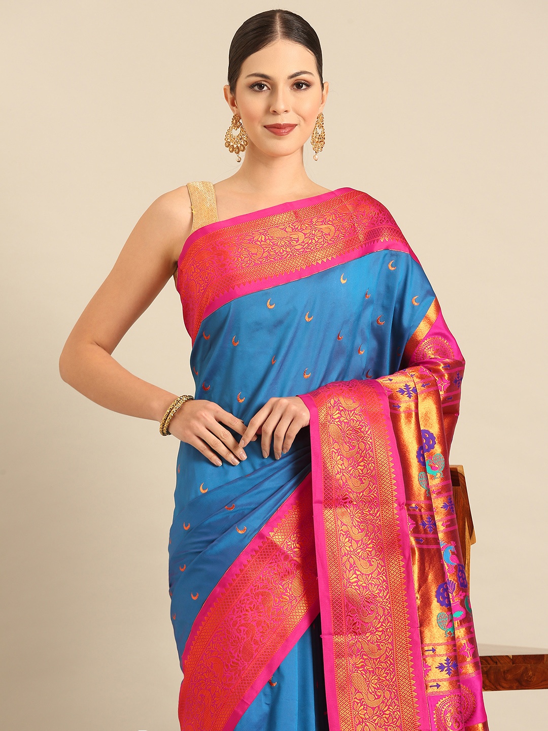 Varkala Silk Sarees Ethnic Motifs Zari Silk Blend Designer Paithani Saree, Turquoise blue
Varkala Silk Sarees Ethnic Motifs Zari Silk Blend Designer Paithani Saree, Turquoise blue