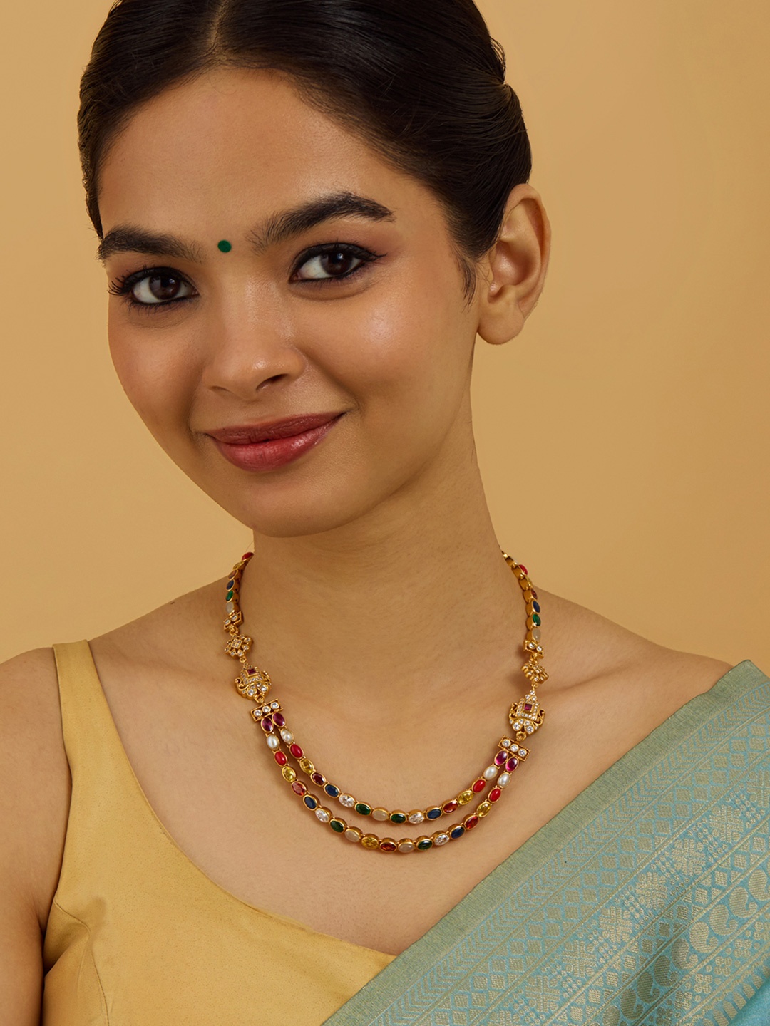 Kushal's Fashion Jewellery 92.5 Pure Silver Gold-Plated Navaratna Stone Studded Necklace
Kushal's Fashion Jewellery 92.5 Pure Silver Gold-Plated Navaratna Stone Studded Necklace