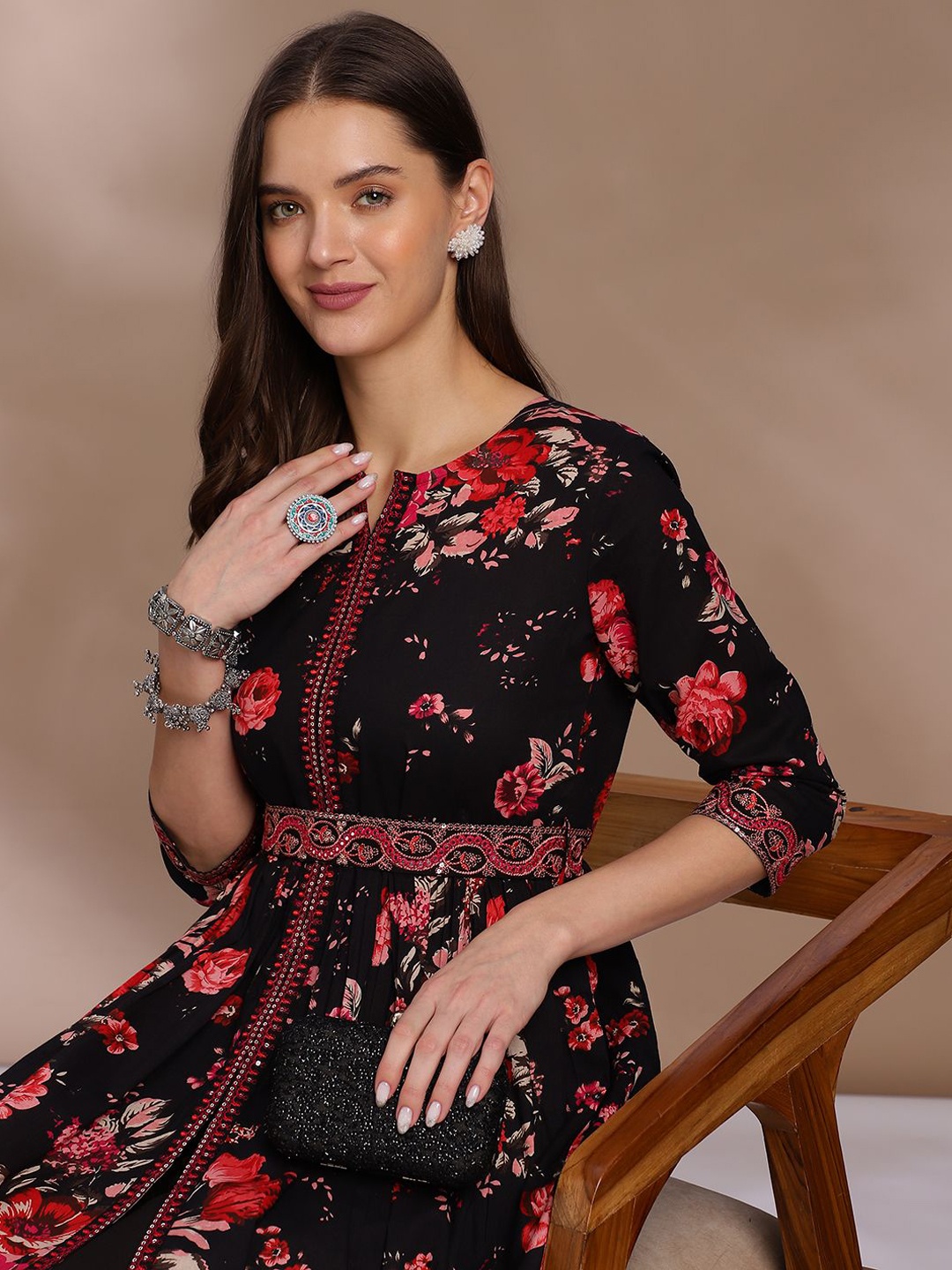 EthniFlair Women Floral Embroidered Empire Mirror Work Pure Cotton Kurta with Trousers, Black
EthniFlair Women Floral Embroidered Empire Mirror Work Pure Cotton Kurta with Trousers, Black