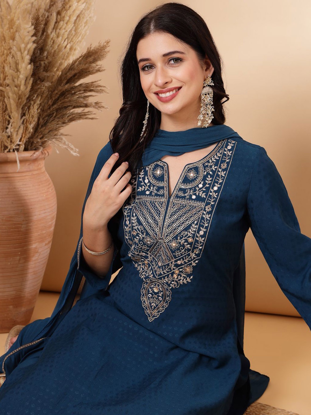 Nayam By Lakshita Floral Embroidered Sequinned A-Line Kurta With Trouser & Dupatta, Teal
Nayam By Lakshita Floral Embroidered Sequinned A-Line Kurta With Trouser & Dupatta, Teal